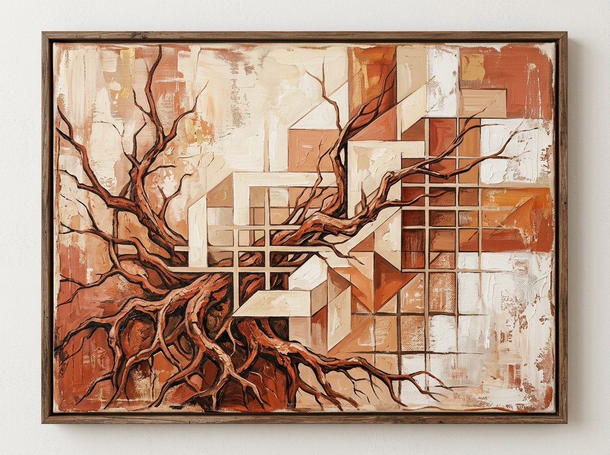 Abstract art: roots growing into geometric structures